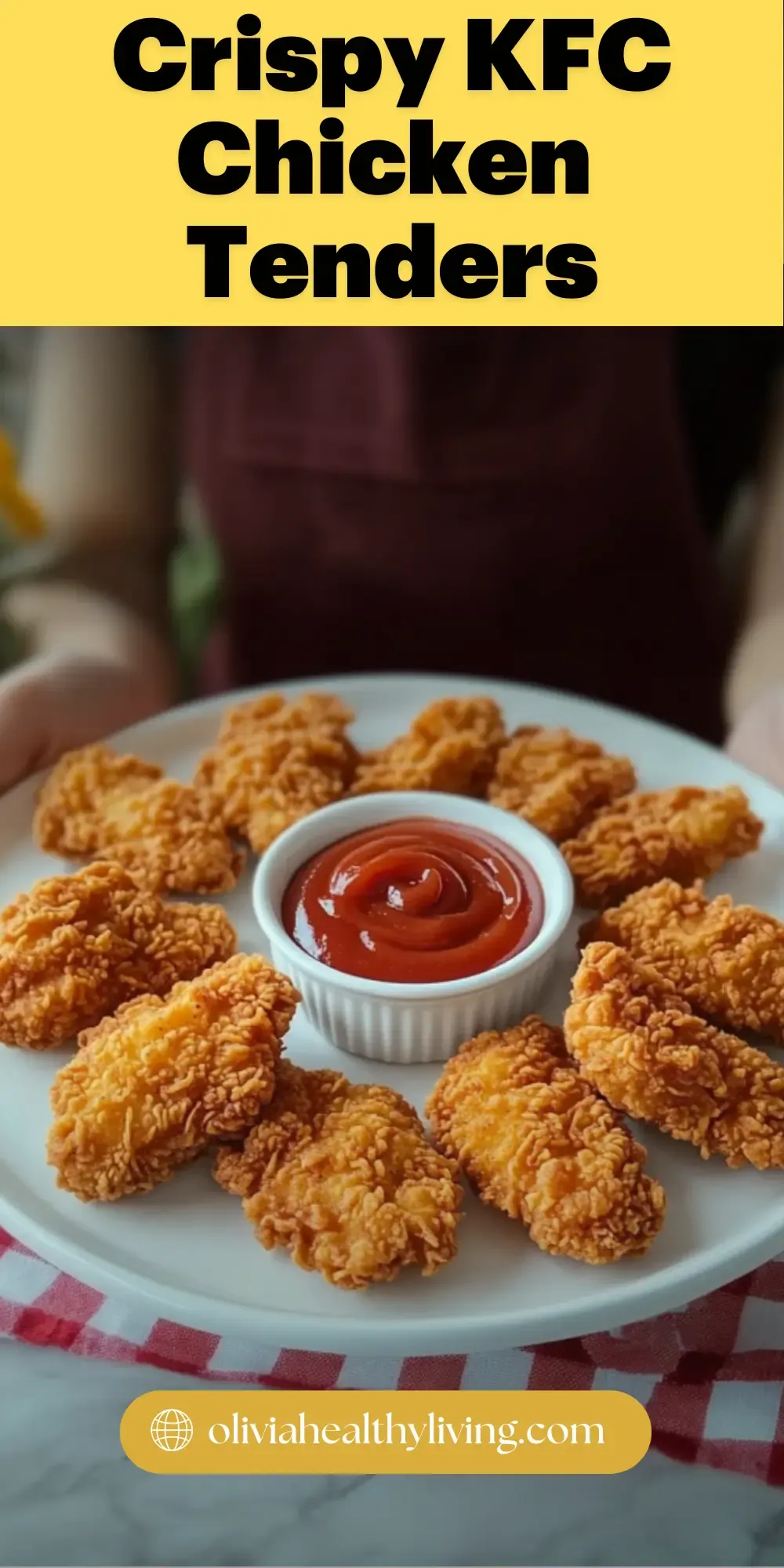 Plate of homemade crispy KFC chicken tenders with ketchup