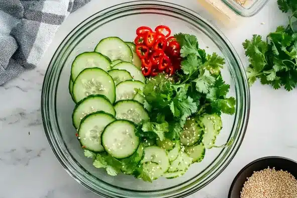 Flat lay of cucumber salad ingredients in striped ceramic bowl on marble surface with sesame seeds and kitchen towel