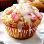 Golden rhubarb muffin topped with vanilla glaze and bright pink chunks of rhubarb, served on a white scalloped plate