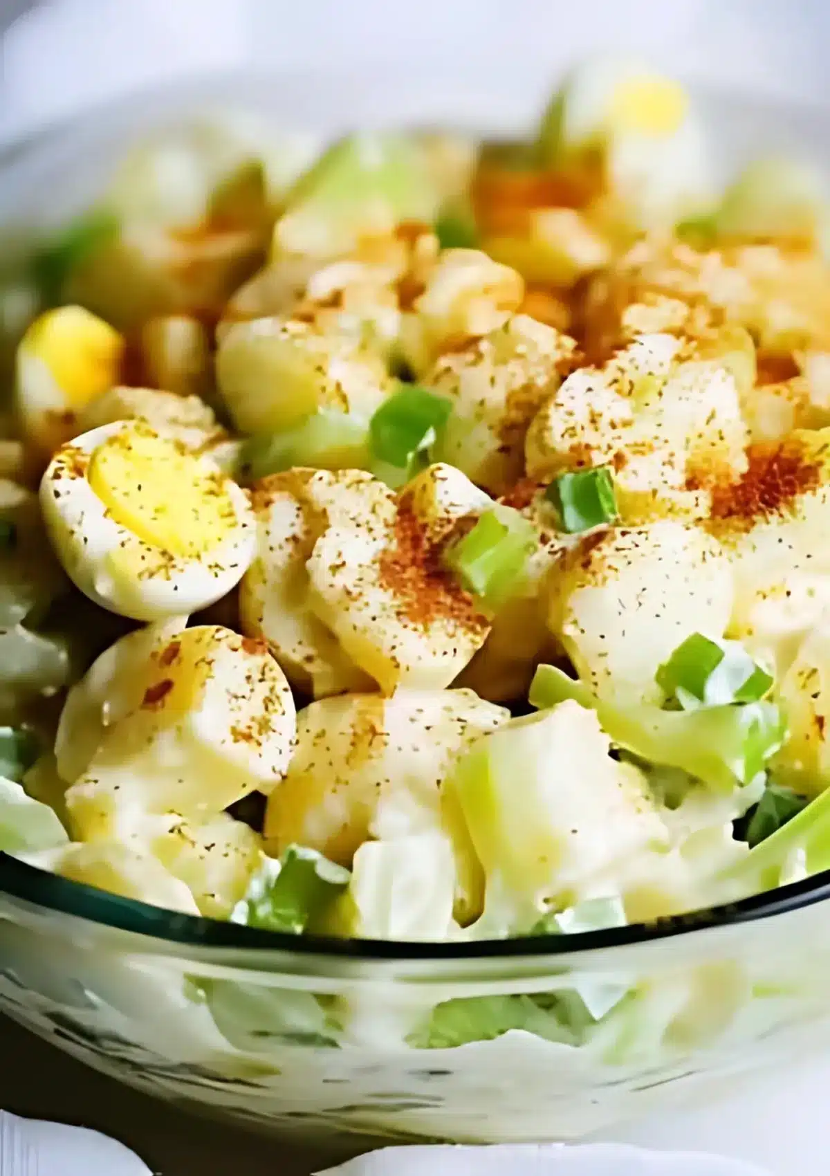 Potato salad featuring sliced hard-boiled eggs, green onions, and paprika sprinkled over a creamy dressing in a glass bowl.

