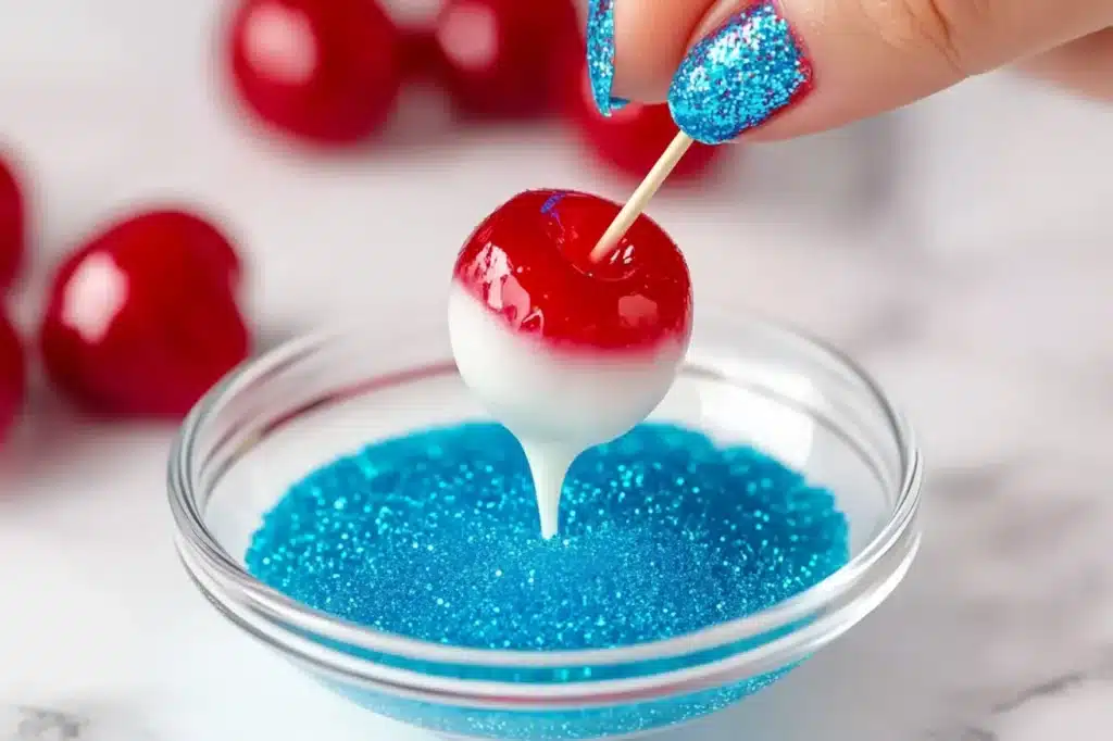 Step-by-step process showing a white chocolate dipped cherry being coated in blue sugar sprinkles to complete the patriotic cherry bomb.