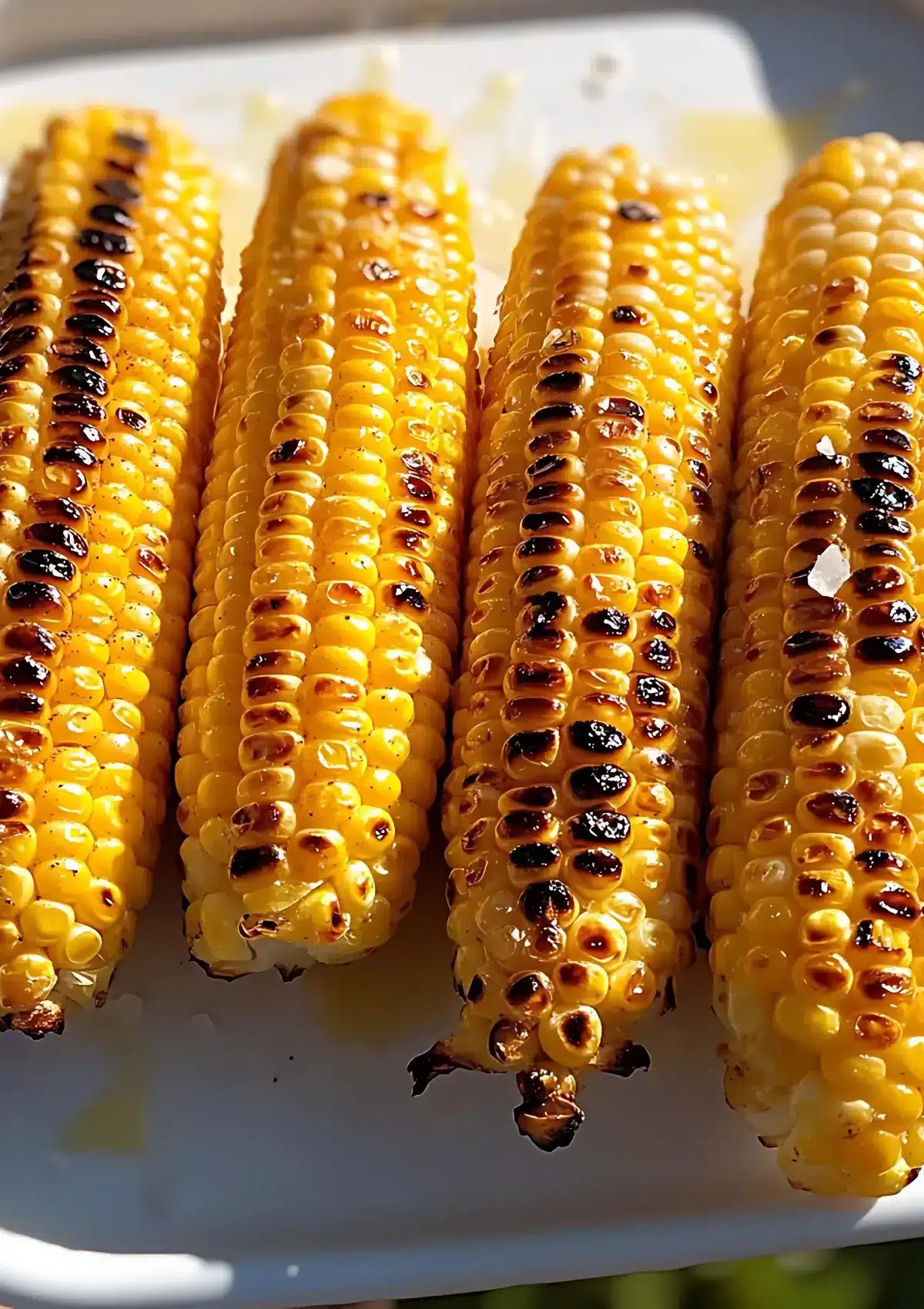 Perfectly grilled corn on the cob showing beautiful char marks and glistening butter