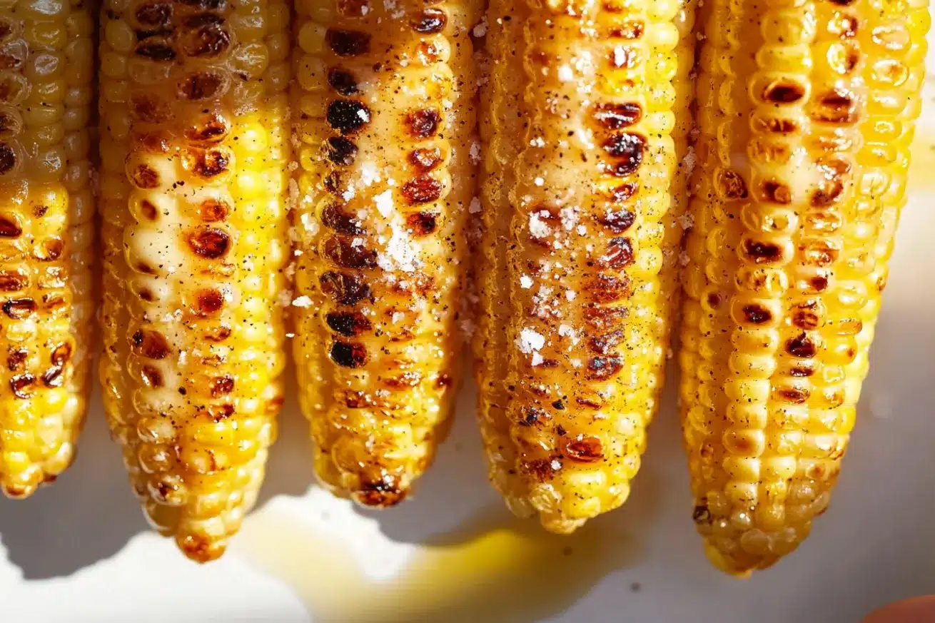 Close-up of perfectly charred grilled corn on the cob with sea salt