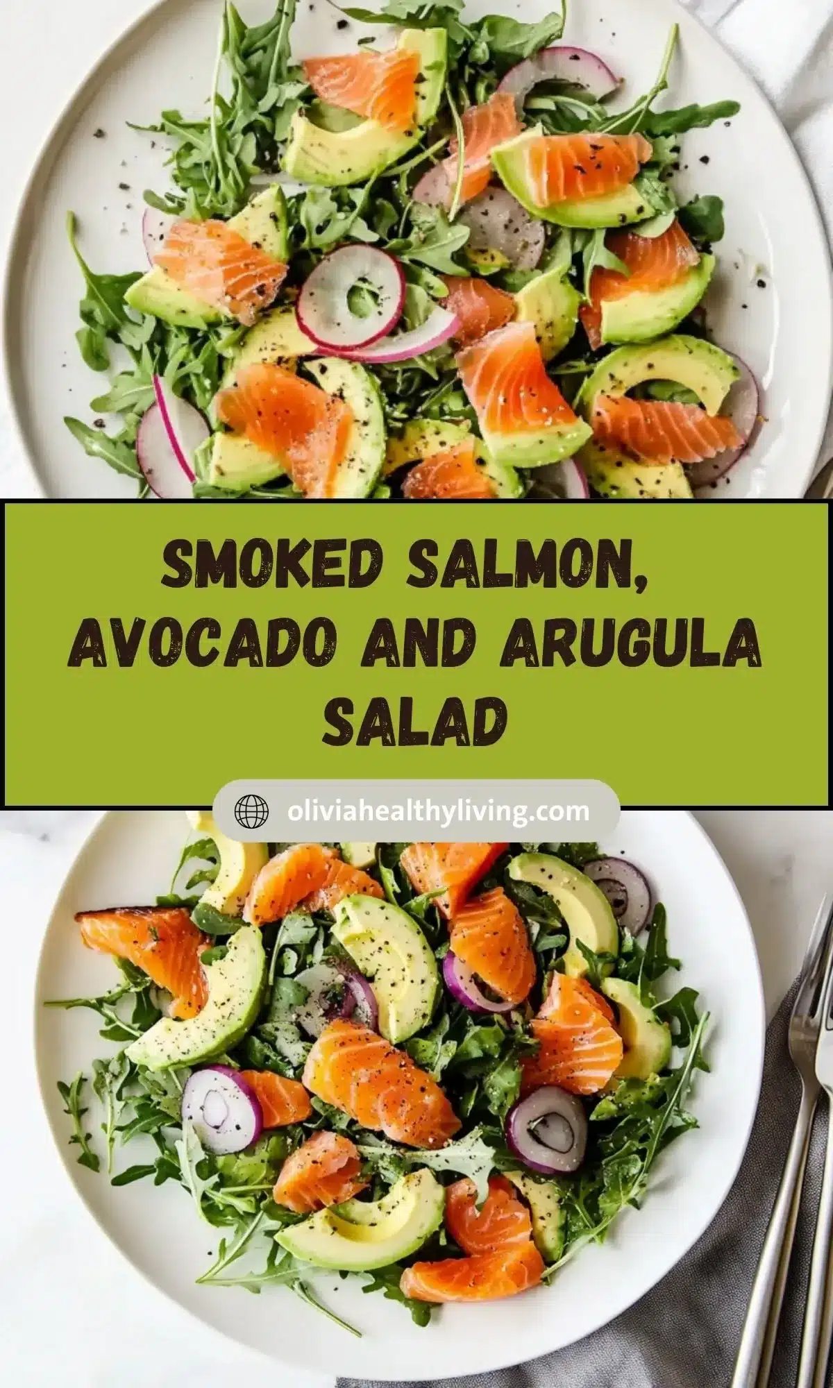 Food blog collage showing two plates of smoked salmon salad with green branded banner and website branding