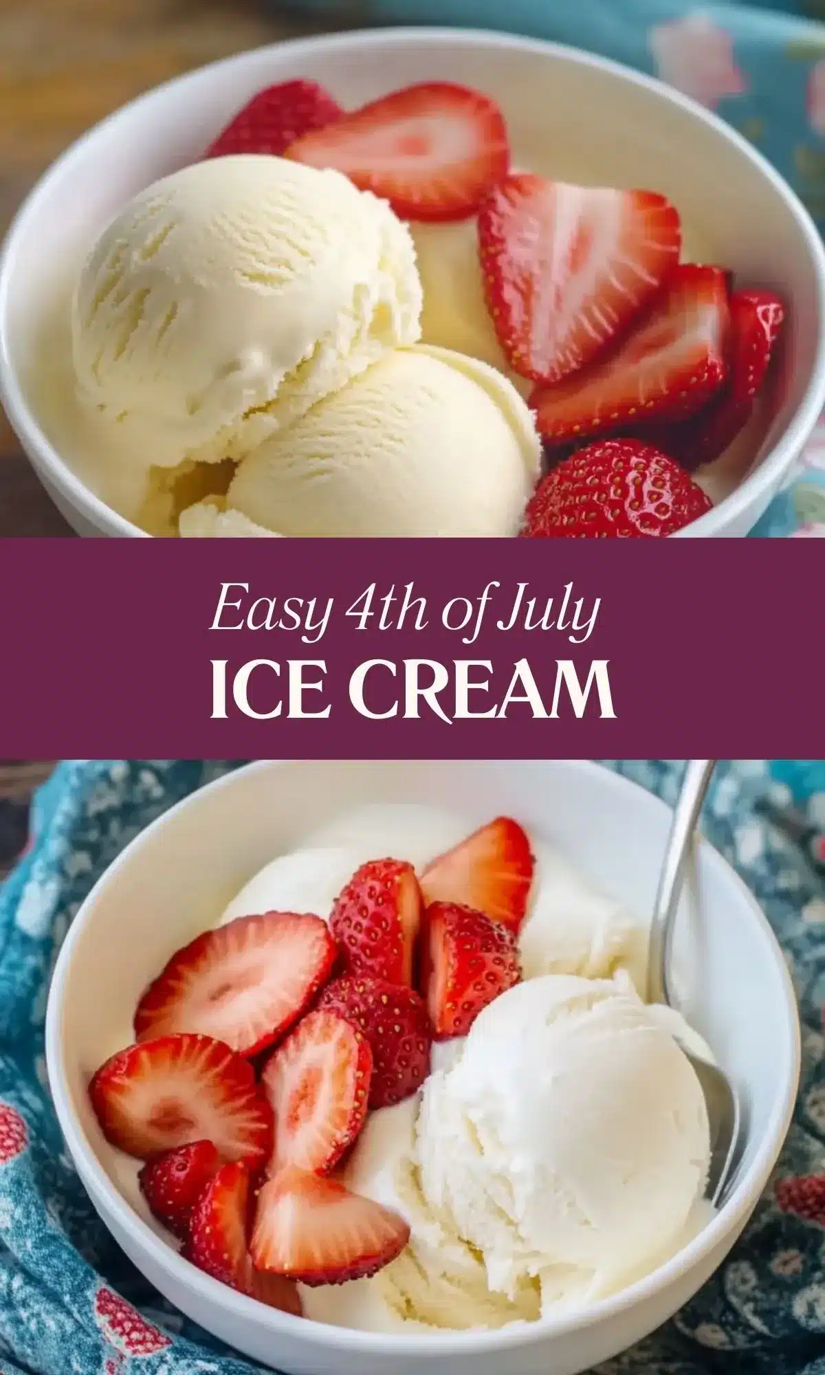 Two scoops of vanilla ice cream with sliced strawberries in a white bowl