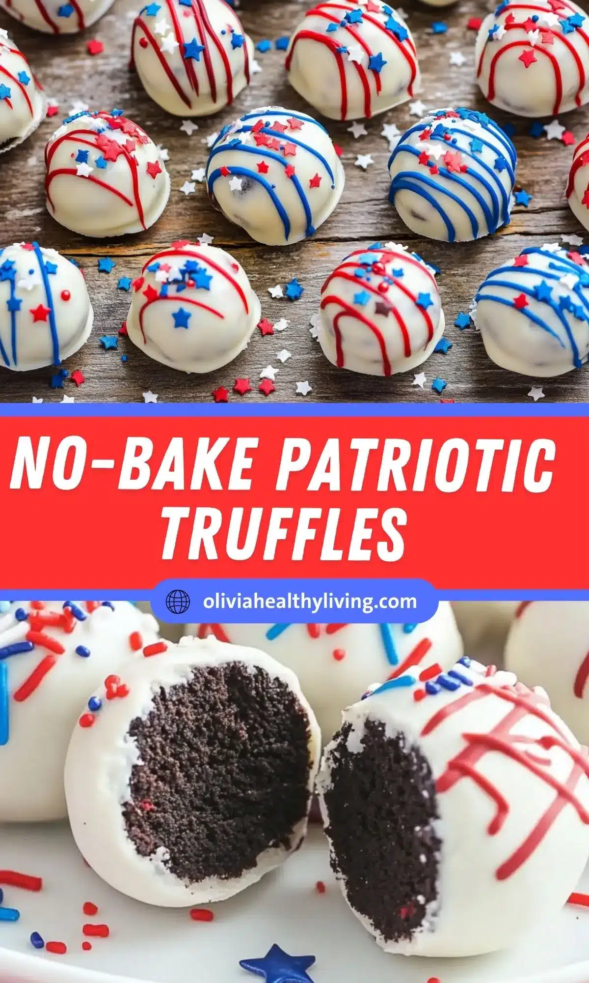 Pinterest-style promotional graphic featuring 4th of July Oreo Truffles with text reading 'EASY 4TH OF JULY OREO TRUFFLES' and website URL