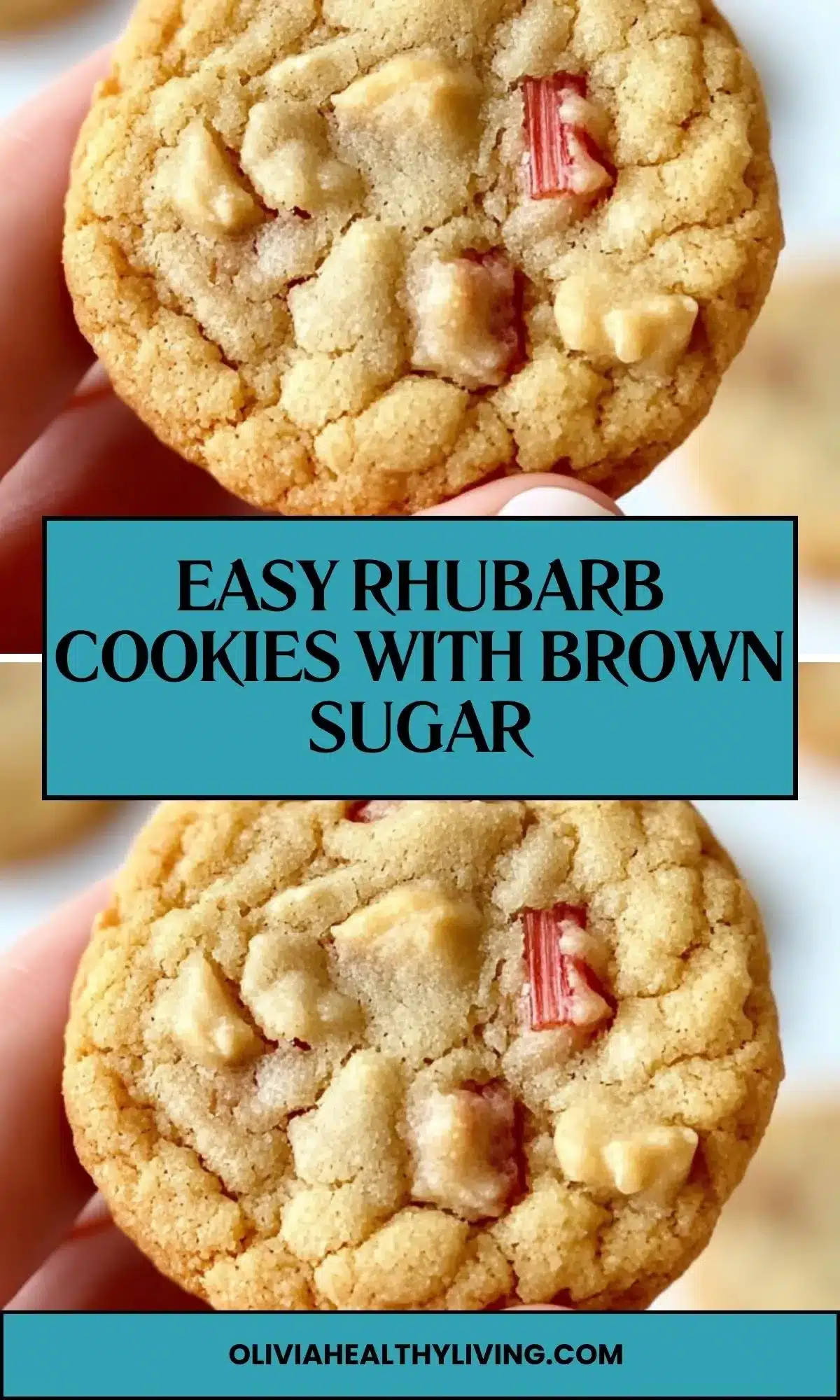 Close-up of a brown sugar rhubarb cookie being held between fingers, showing golden cookie dough with bright red rhubarb pieces visible throughout. Blue text overlay reads 'EASY RHUBARB COOKIES WITH BROWN SUGAR'