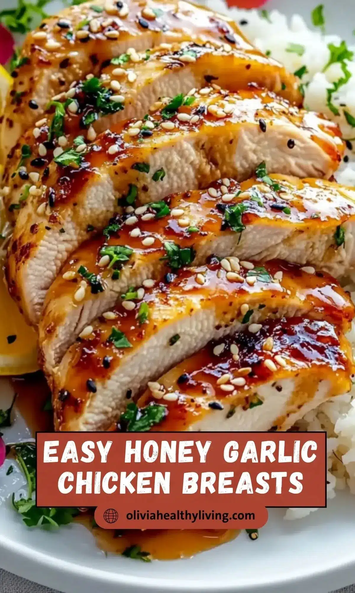 Delicious glazed chicken breasts in honey garlic sauce with text overlay "Easy Honey Garlic Chicken Breasts" from oliviahealthyliving.com.