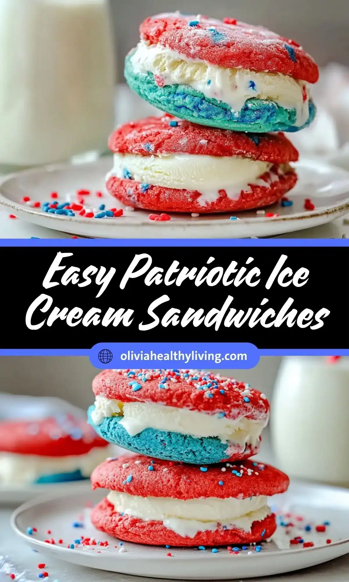 Close-up of stacked red, white and blue ice cream sandwiches featuring red and blue cookies with vanilla ice cream and patriotic sprinkles.