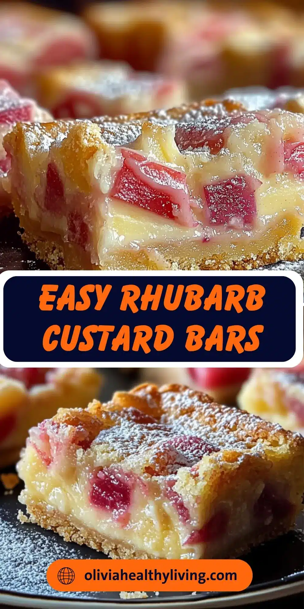 Pinterest-style vertical image showing close-up of rhubarb custard bars with text overlay reading 'Easy Rhubarb Custard Bars' and website URL.