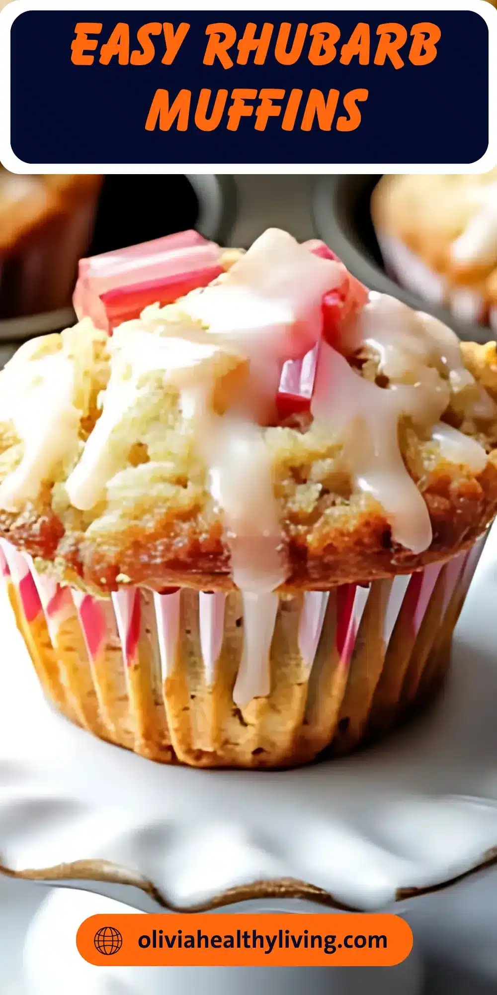 Close-up of easy rhubarb muffin with bright red rhubarb pieces and vanilla glaze on white plate