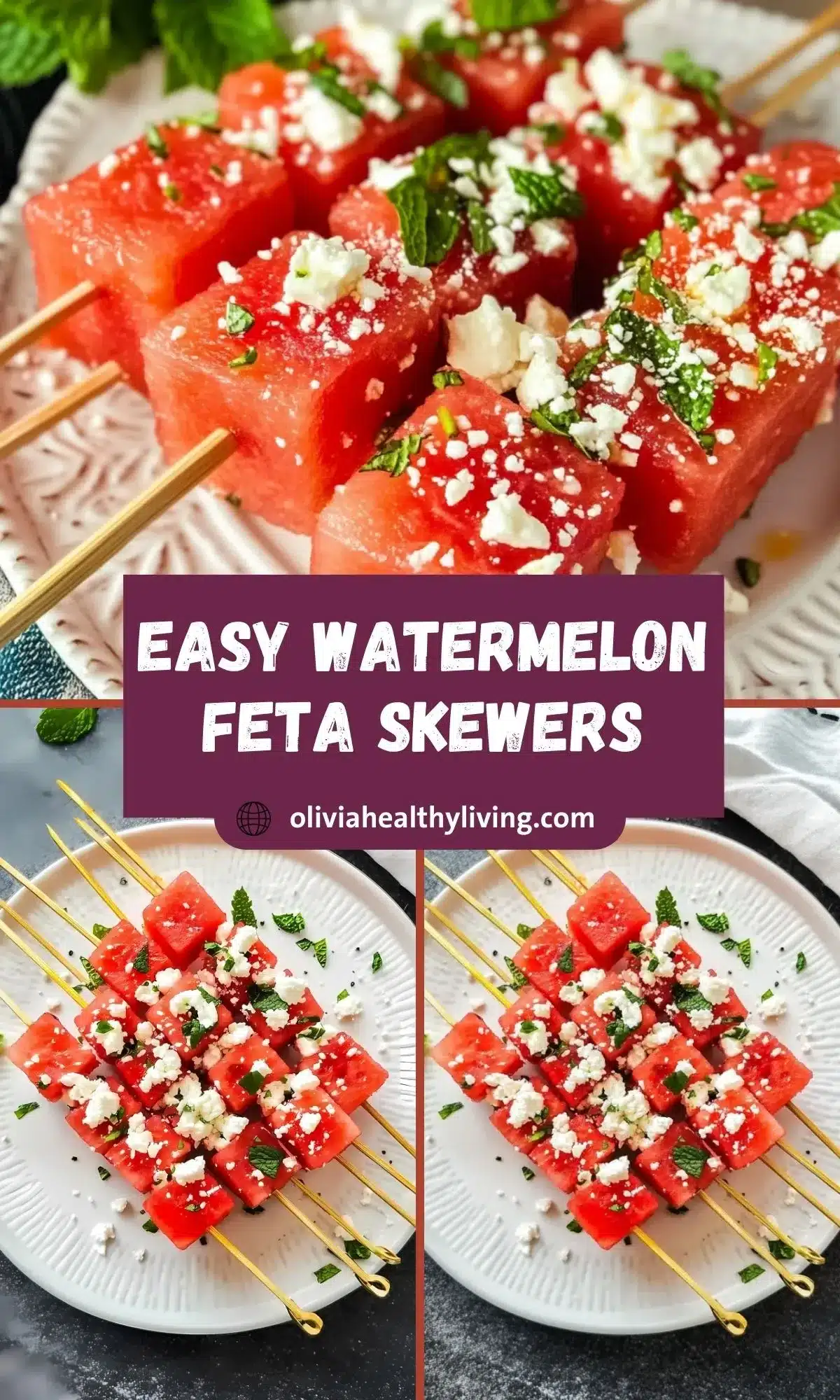 Overhead shot of multiple skewers with watermelon, feta, and mint on a white plate, ideal for holiday gatherings like the 4th of July.