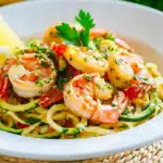 Plated zucchini shrimp scampi in white oval bowl with lemon wedges, showing spiralized zucchini noodles, cooked shrimp, and fresh parsley