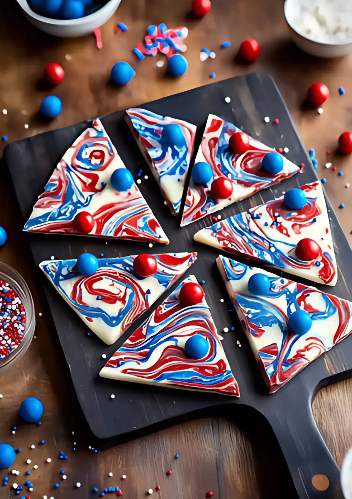 Finished patriotic chocolate bark pieces arranged on dark slate board with red white blue marbled pattern and candy decorations