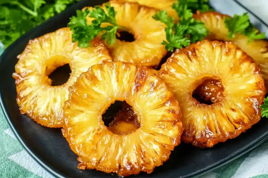 Golden caramelized air fryer pineapple rings in black serving dish with parsley