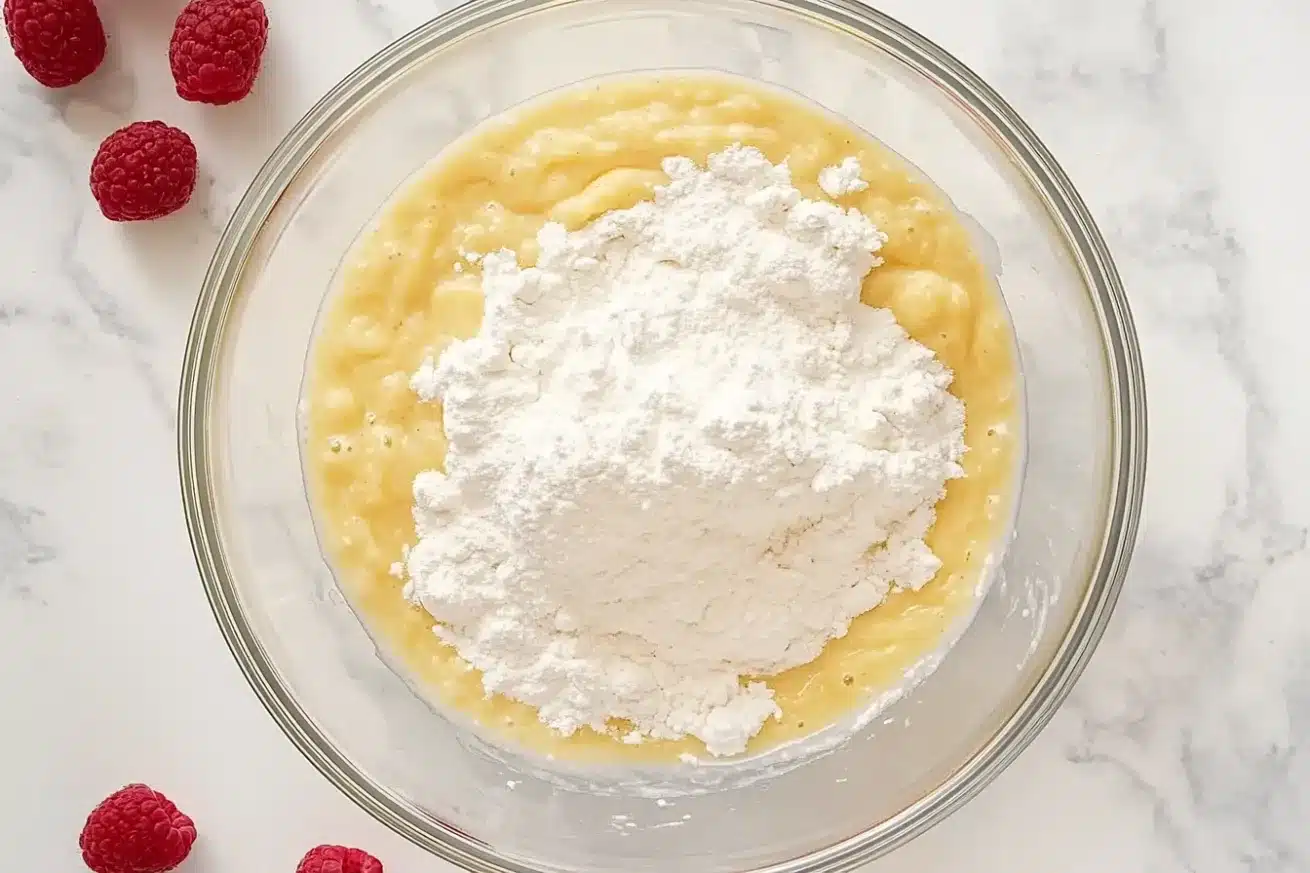 Overhead photo of a glass bowl filled with mashed bananas topped with white flour, baking soda, and salt, with raspberries nearby.