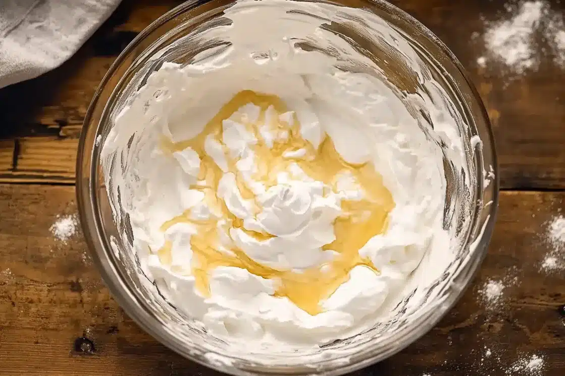 Mixing bowl with white whipped cream or ice cream base being folded together with yellow custard, showing marbled texture