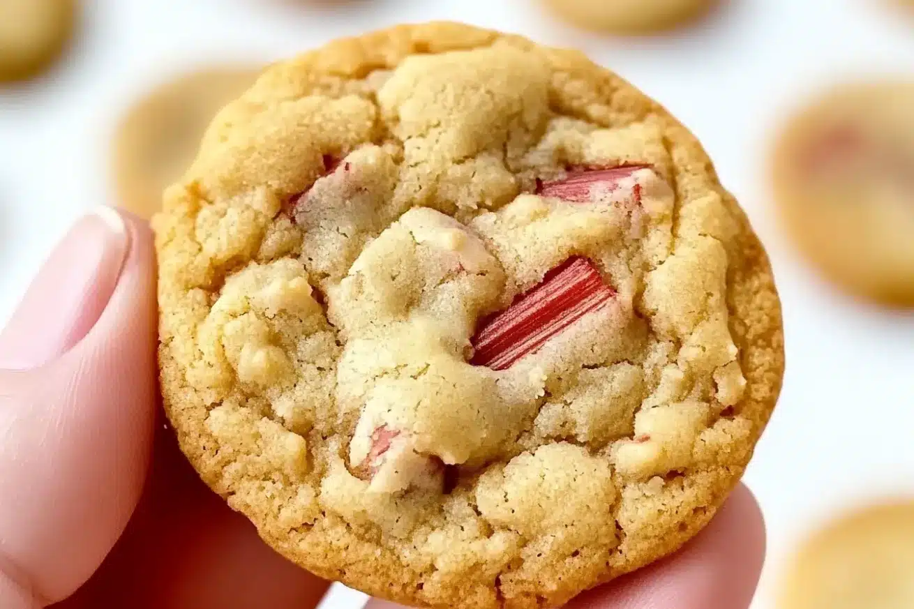 Detailed view of a brown sugar rhubarb cookie showing the distinct red rhubarb stalks embedded in a golden brown sugar cookie dough with crinkled edges