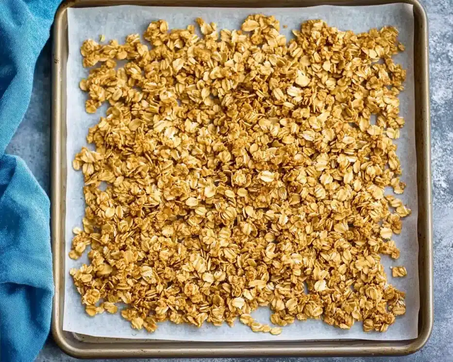Golden brown peanut butter granola spread evenly on parchment-lined baking sheet, fresh from 275°F oven, blue kitchen towel visible at edge