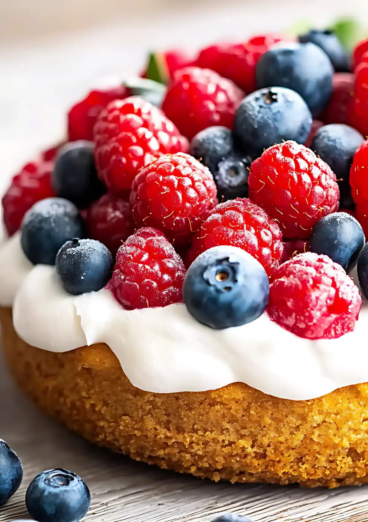Extreme close-up of raspberries and blueberries dusted with powdered sugar on creamy white topping of almond flour cake