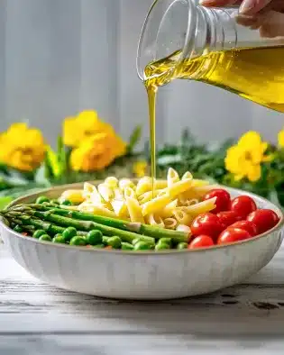 Golden olive oil being drizzled over fresh spring vegetables and pasta