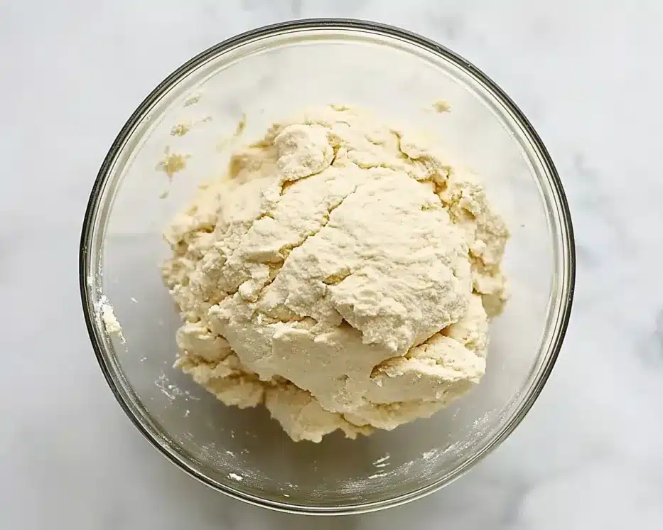 Fresh masa harina dough ball in clear glass mixing bowl, showing white crumbly corn flour texture