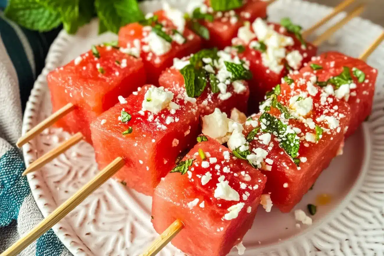 Fresh mint leaves and a chef’s knife on a white cutting board, ready to be chopped for garnishing watermelon feta skewers.

