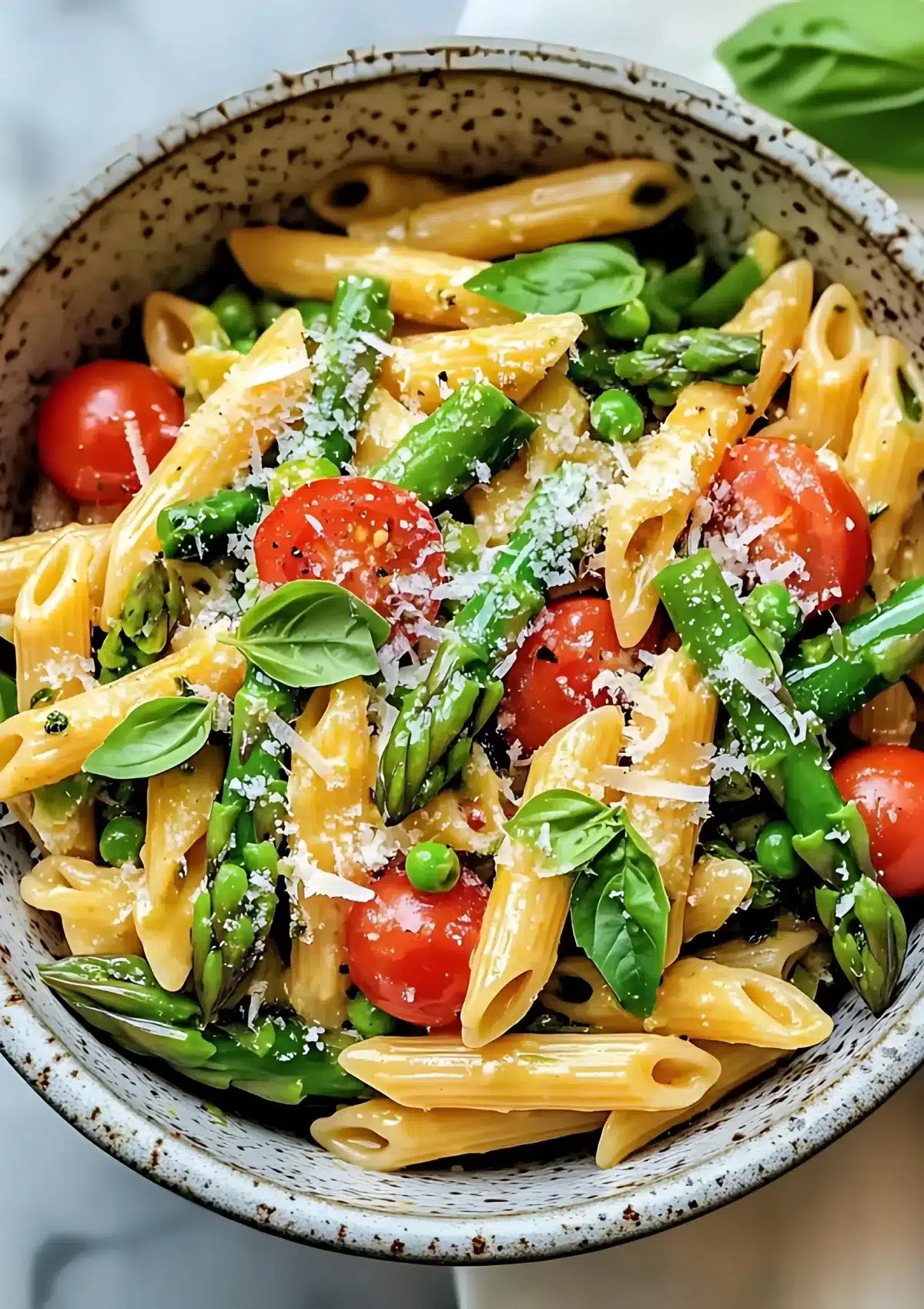 Every bite packed with fresh asparagus, juicy tomatoes, and creamy Parmesan