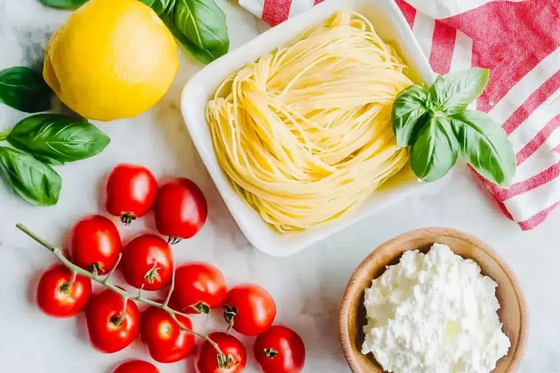Flat lay of pasta ingredients including golden linguine nests tomatoes in white bowl, fresh cherry on vine, ricotta cheese in wooden bowl, whole lemon, and fresh basil leaves on white marble surface with red striped kitchen towel