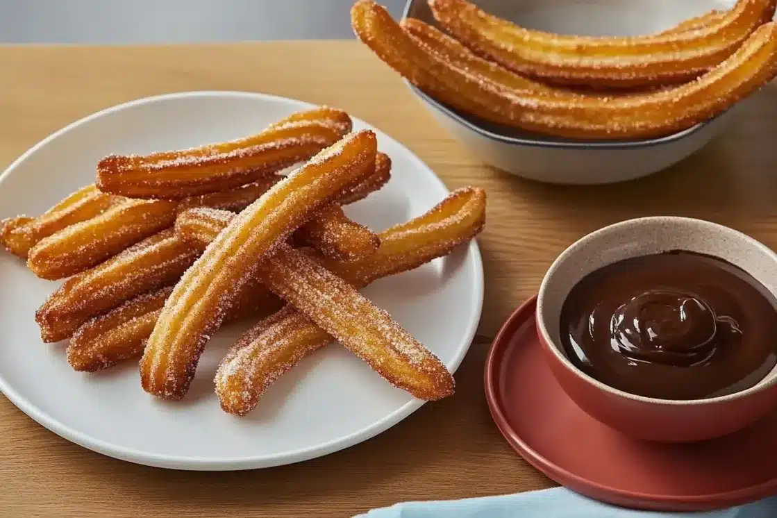 Cinnamon sugar coated churros with chocolate dipping sauce