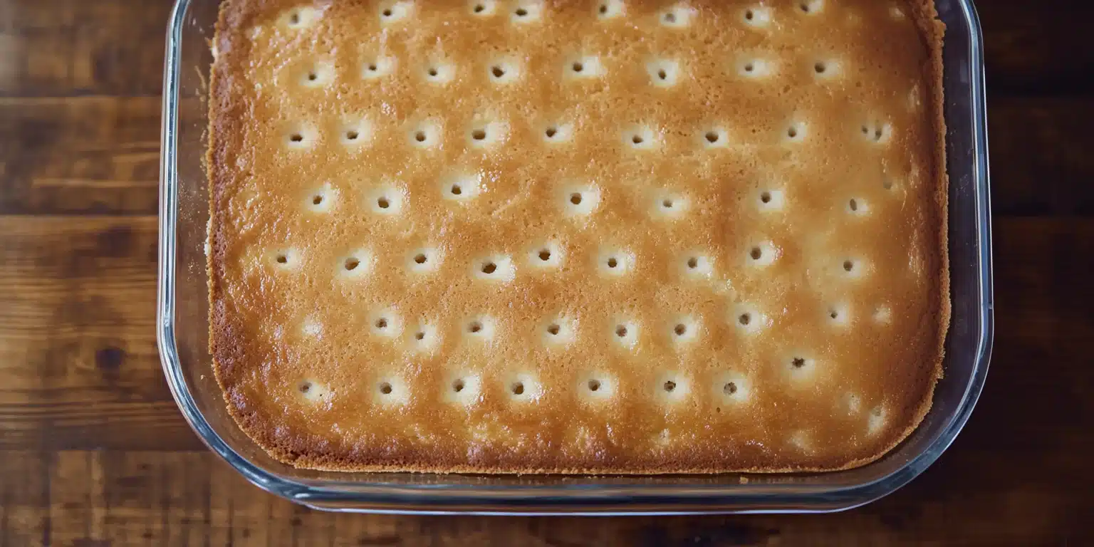 Freshly baked cake with evenly spaced holes poked throughout the surface.