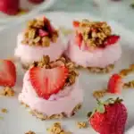 Three round frozen yogurt granola bites on white plate with pink strawberry yogurt, fresh strawberry slices on top, granola base, and scattered granola pieces around plate
