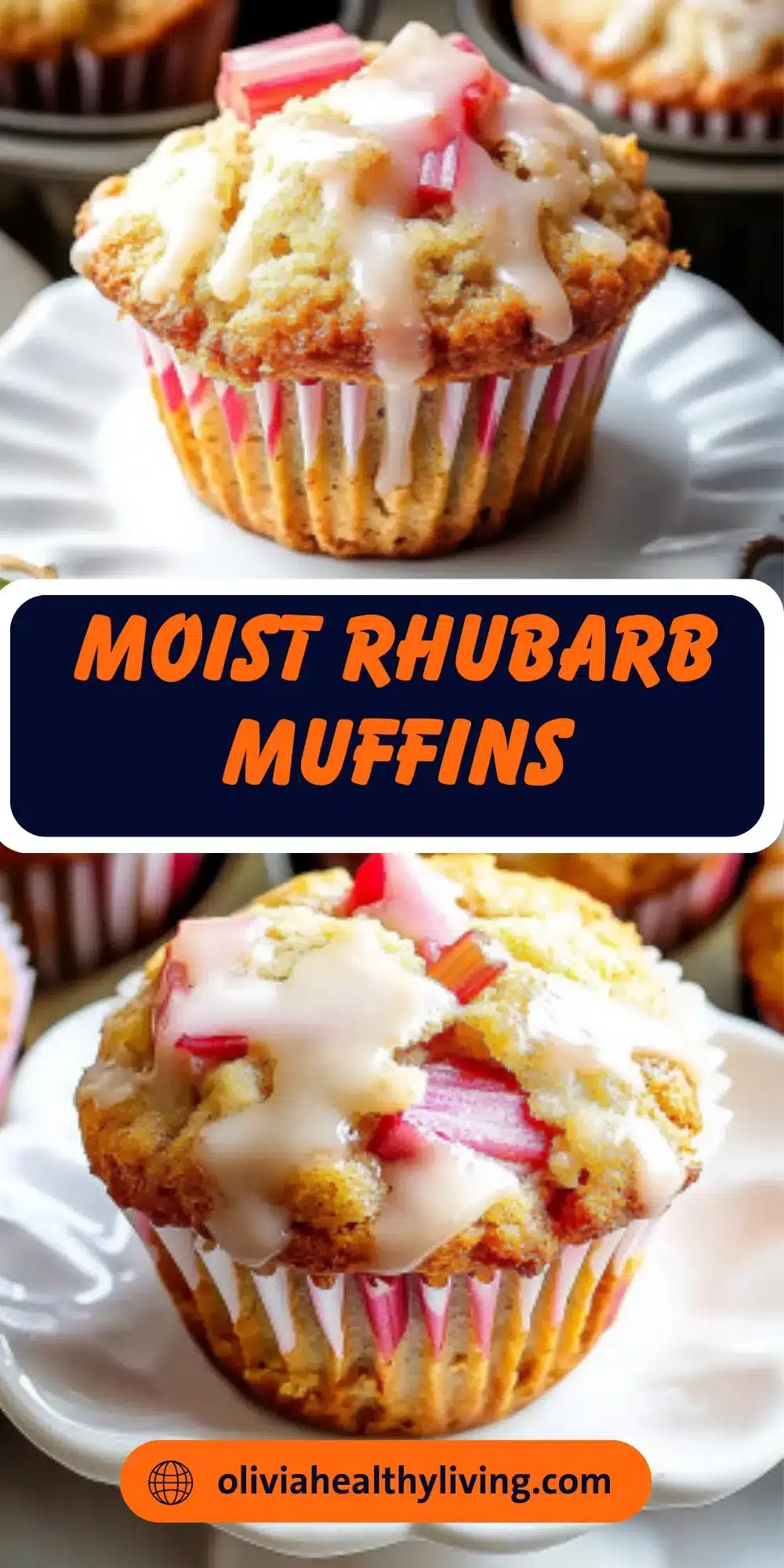 Rhubarb muffin with creamy white glaze on decorative white plate with pink and white striped cupcake liner