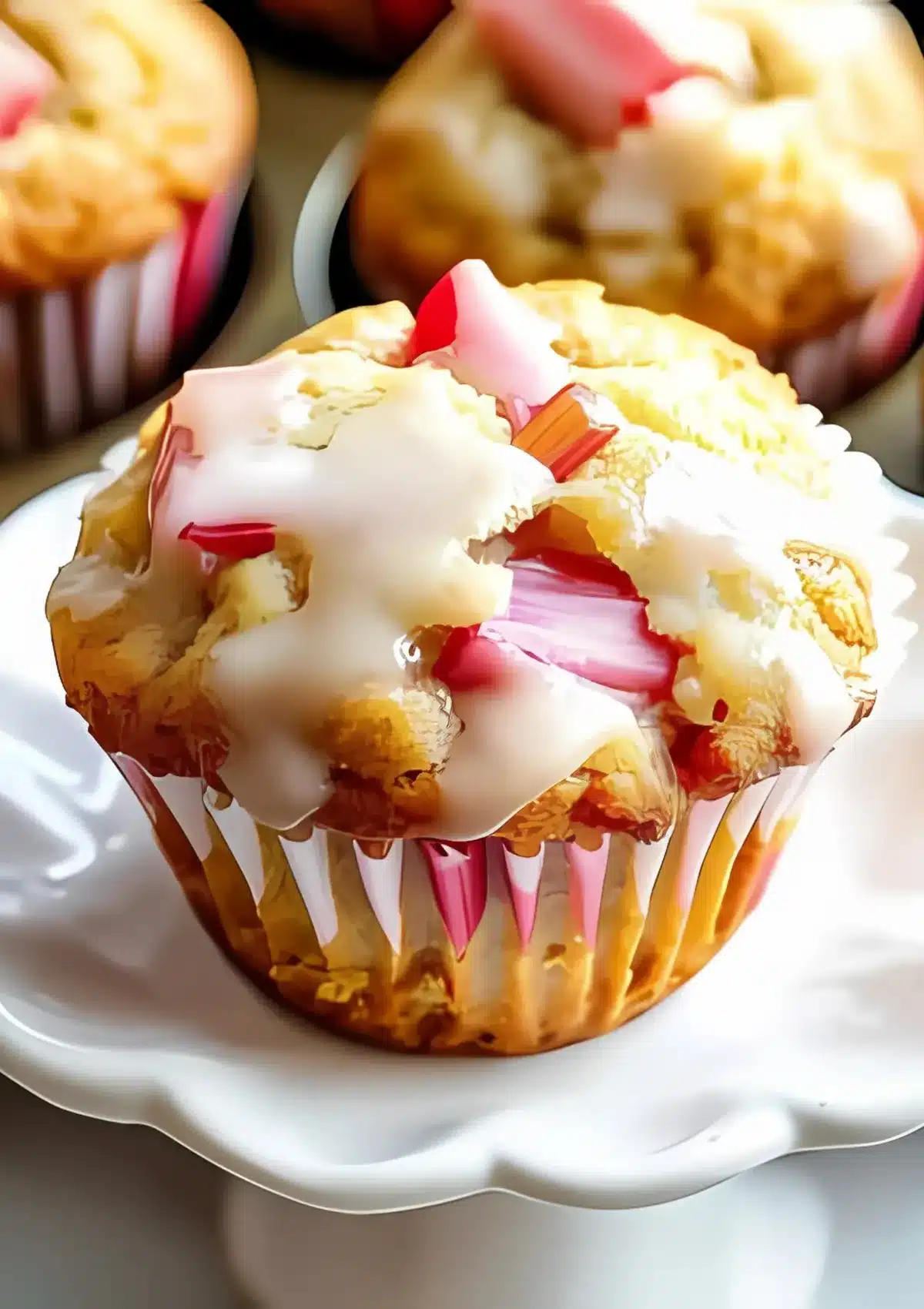 Rhubarb muffin with vanilla glaze and pink rhubarb pieces visible on top, served on a white scalloped plate