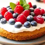 Golden almond flour cake topped with white coconut whipped cream and fresh raspberries and blueberries with mint leaves, served on a gray plate