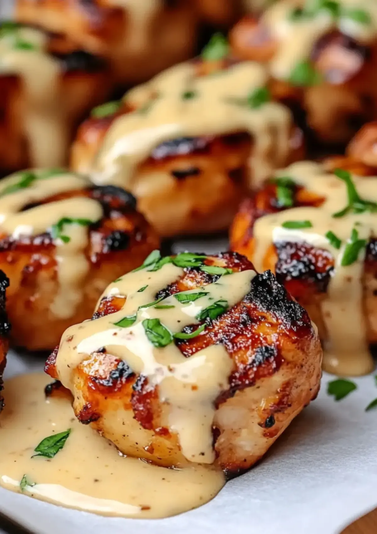 Close-up of charred grilled chicken bites drizzled with creamy garlic herb sauce and garnished with parsley on a tray.