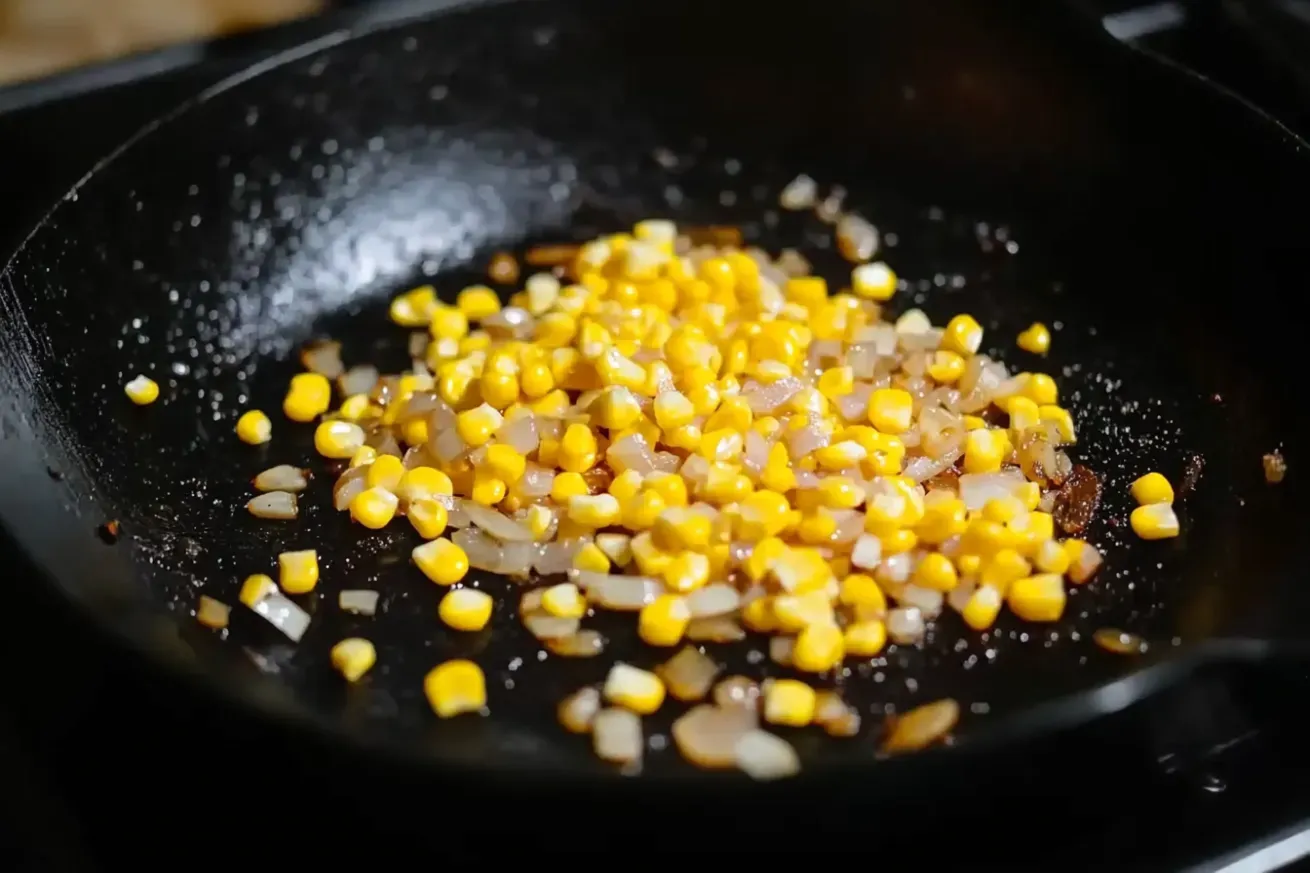 Close-up of corn kernels and chopped onions sautéing in butter in a cast iron skillet with golden fond and caramelization.

