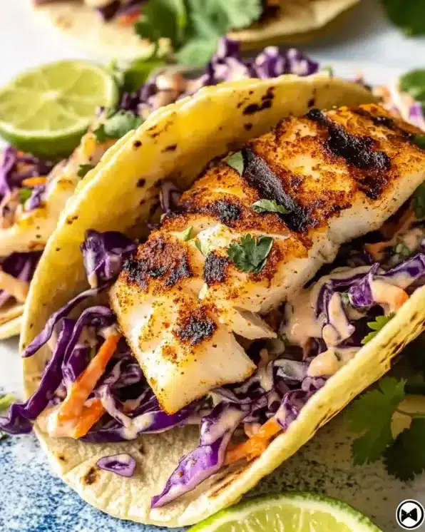 Single grilled fish taco in charred corn tortilla filled with perfectly grilled seasoned fish, purple cabbage slaw, and fresh cilantro with lime wedge