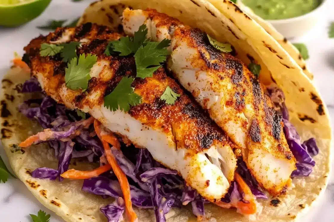 Single grilled fish taco in charred corn tortilla filled with perfectly grilled seasoned fish, purple cabbage slaw, and fresh cilantro with lime wedge