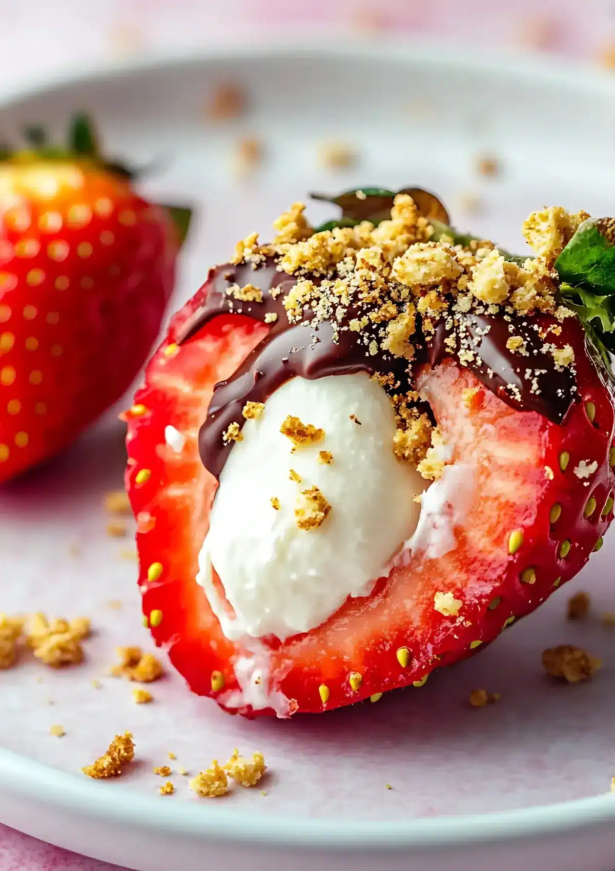 Close-up of halved cheesecake stuffed strawberry revealing cream cheese filling inside, topped with melted chocolate and crumbs