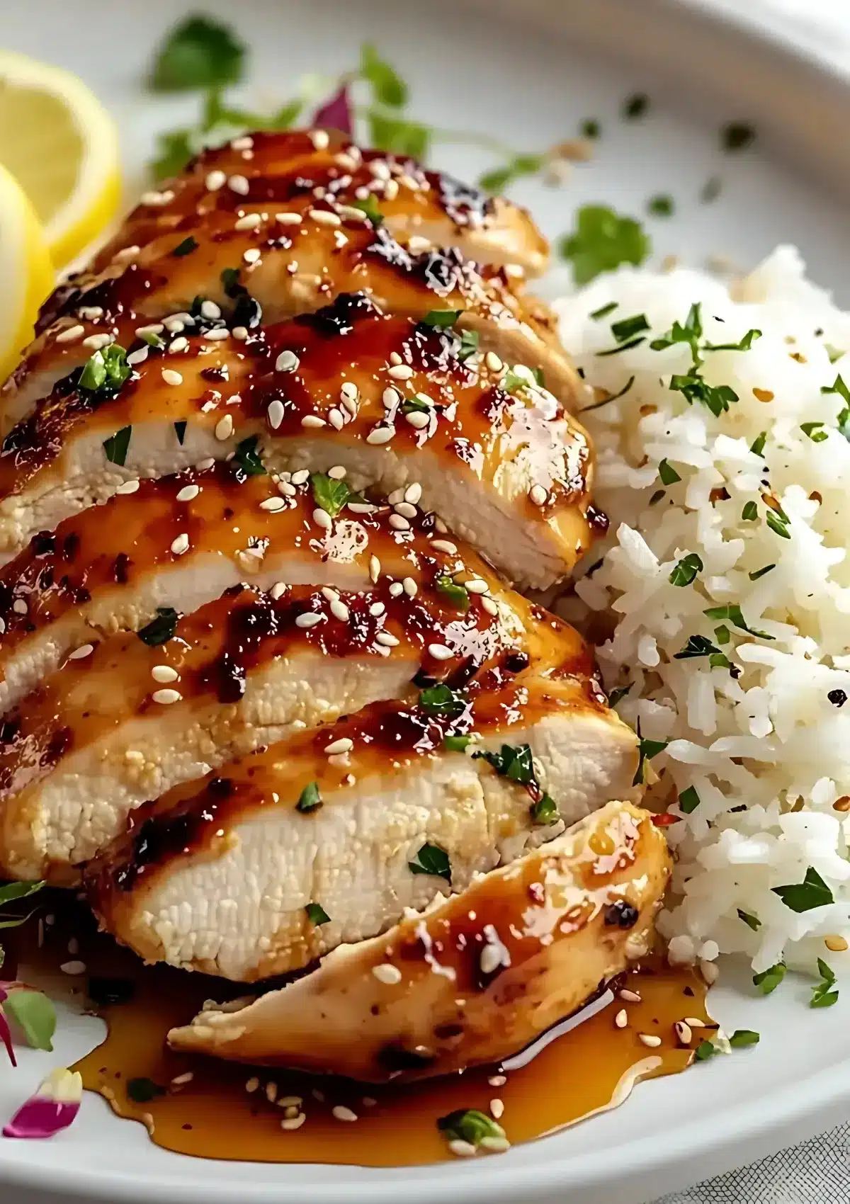 Tender chicken breast pieces coated in honey garlic sauce, sprinkled with sesame seeds and fresh herbs, paired with fluffy rice for a balanced and flavorful meal.