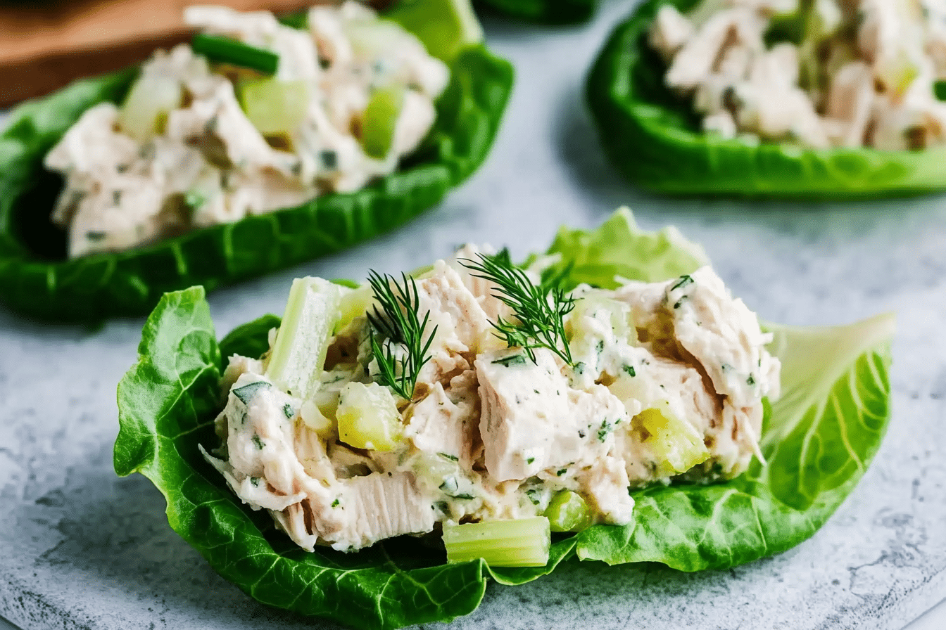 Single keto chicken salad lettuce wrap on marble surface with chunky filling and fresh dill garnish