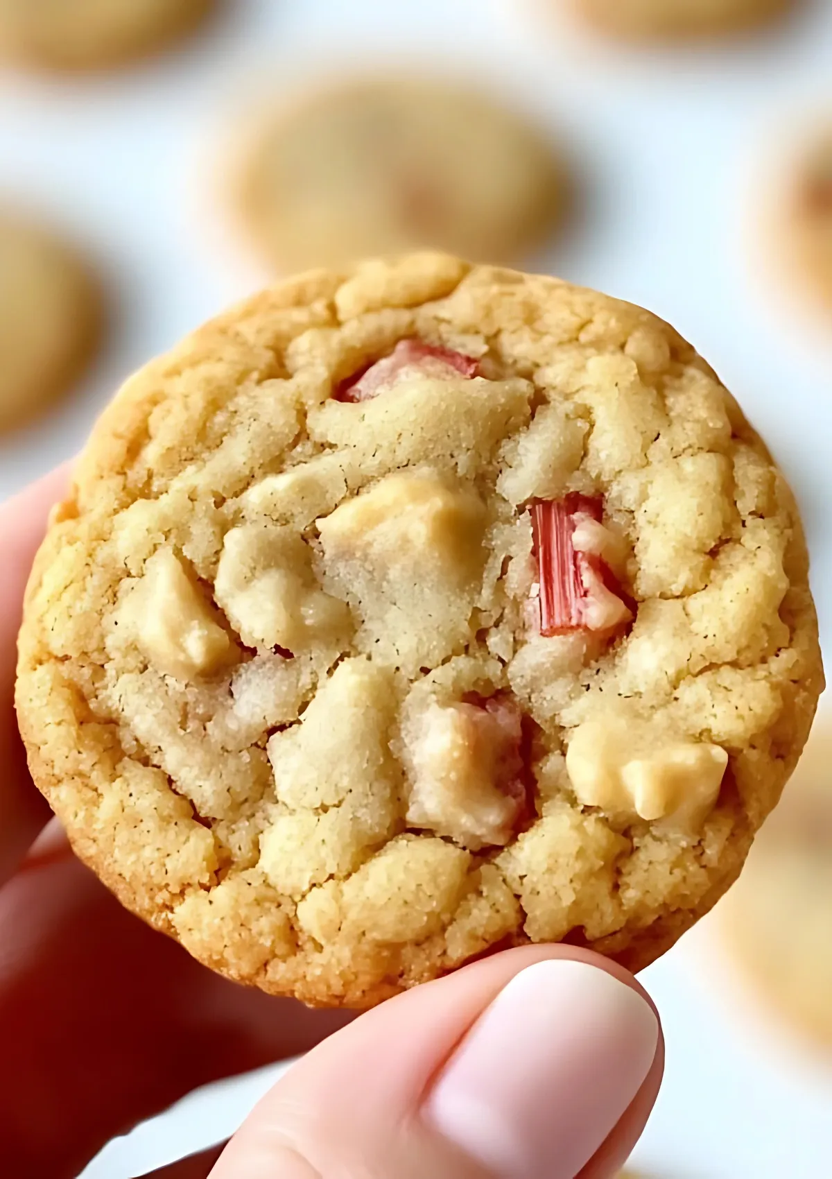 Close-up of a single brown sugar rhubarb cookie being held up, showing the golden color and red rhubarb chunks throughout the soft cookie