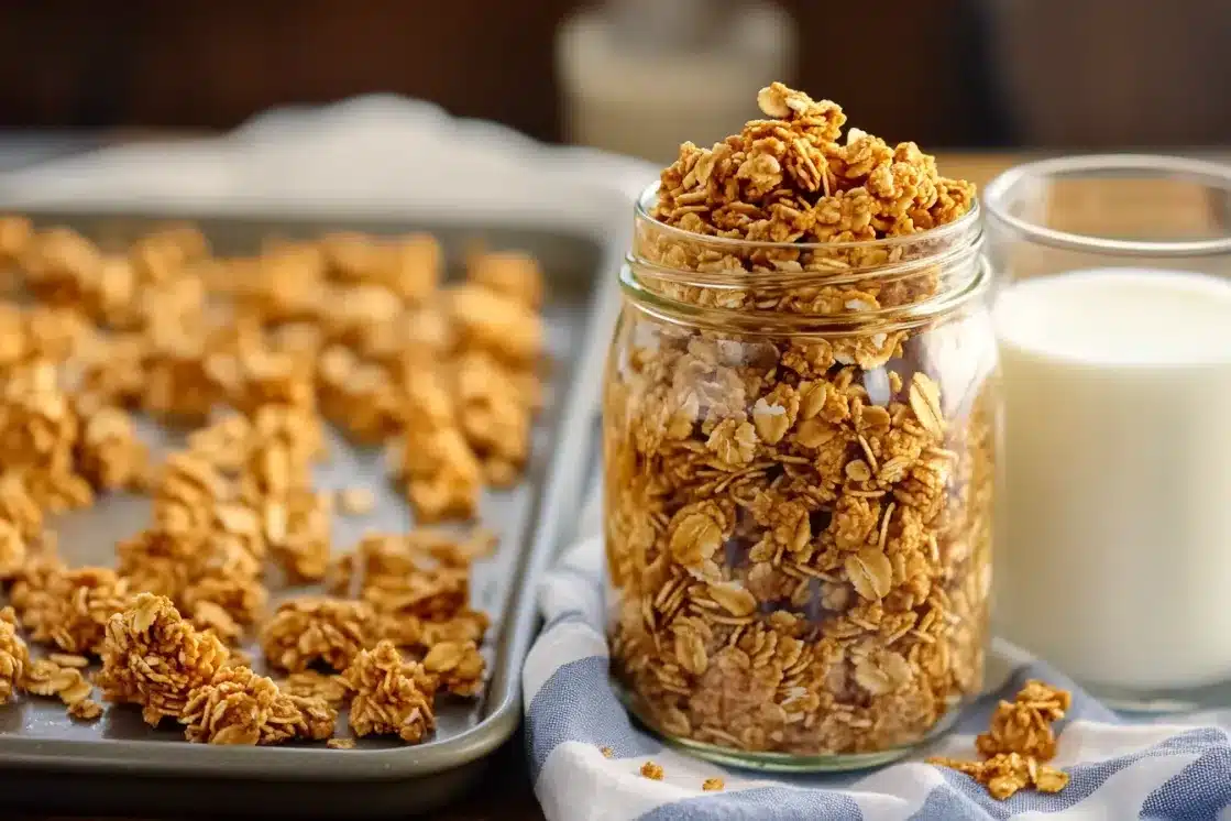 Mason jar filled with golden peanut butter granola clusters sitting next to glass of milk and baking sheet with more granola on blue striped kitchen towel