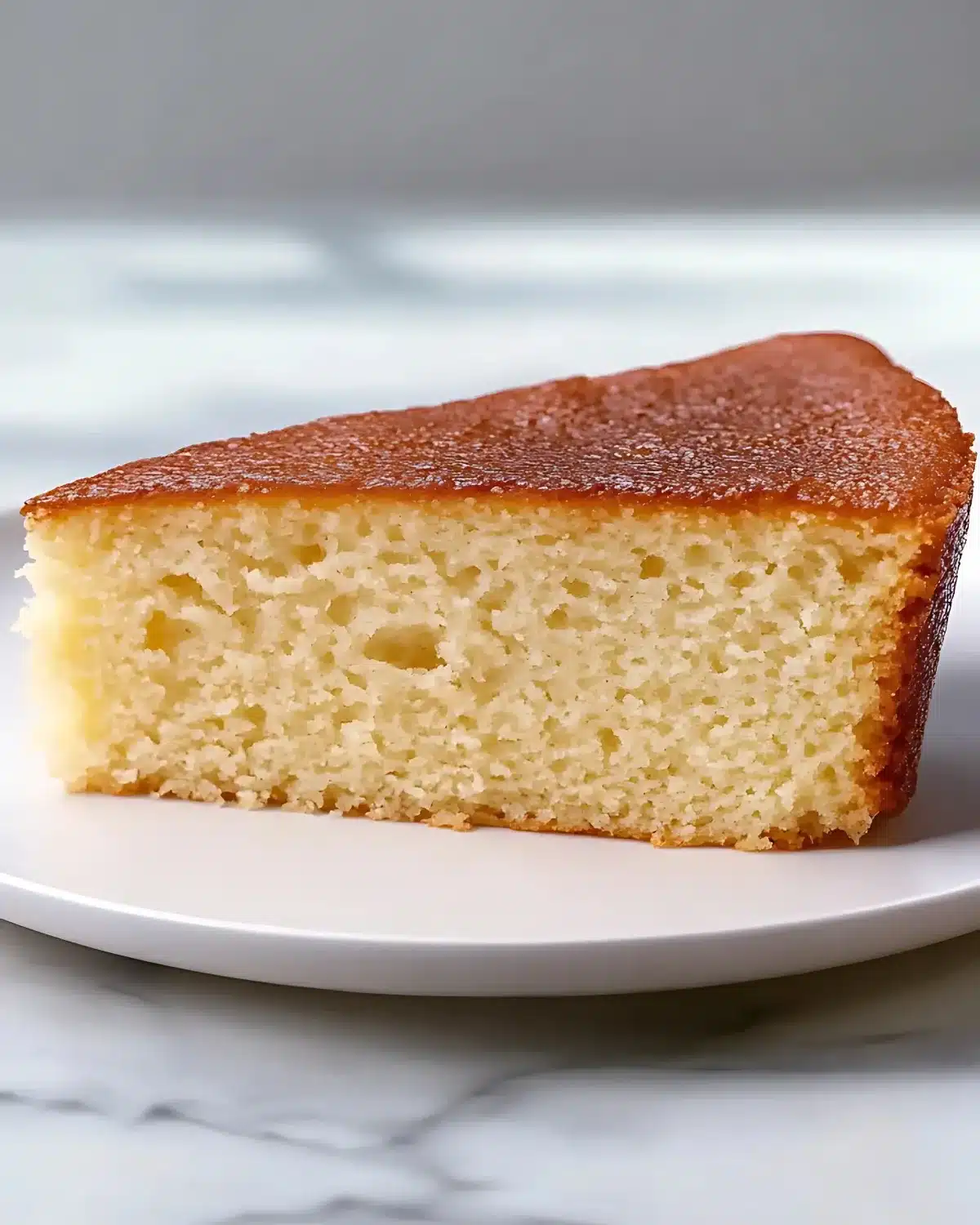 A close-up slice of moist vanilla cake with a golden-brown top crust and fine, even crumb texture served on a white plate