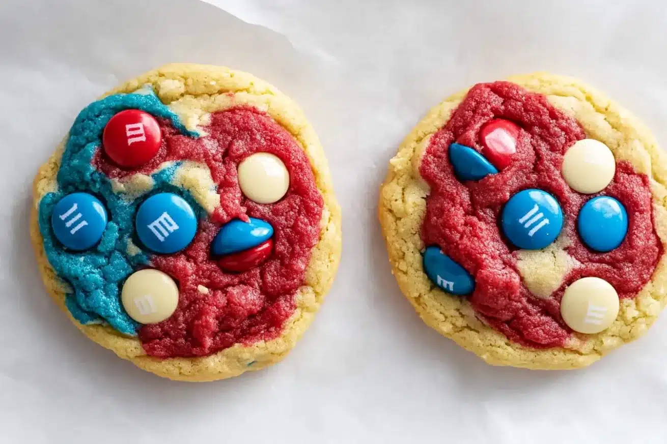 Hand holding unbaked cookie dough ball showing the tri-colored red, white and blue sections with M&Ms