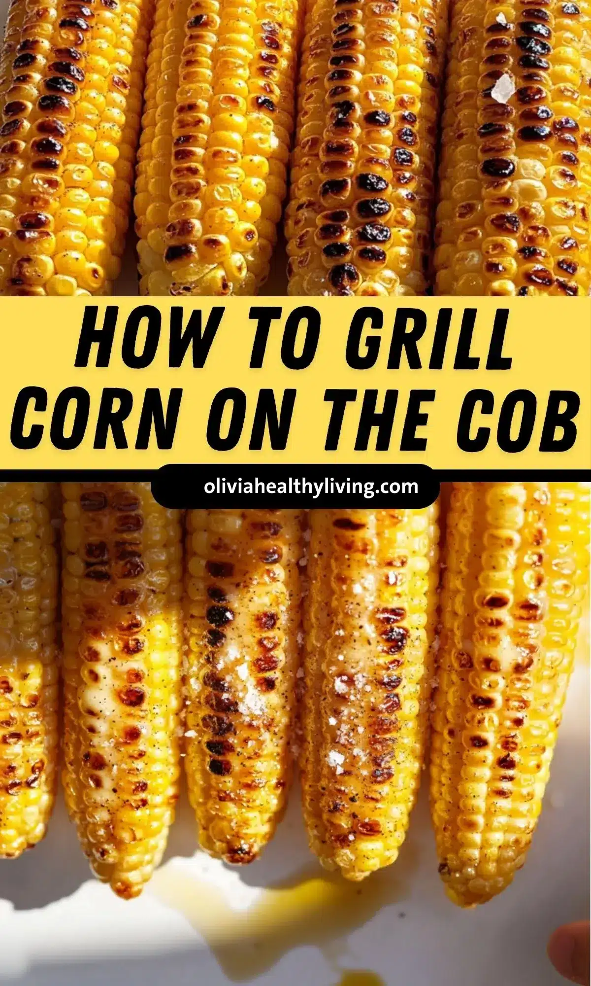 Instructional image showing how to grill corn on the cob with text overlay