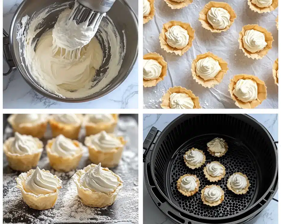 Step-by-step process for making cheesecake phyllo cups showing mixing cream cheese filling, piping into phyllo shells, and baking in oven or air fryer for perfect mini desserts.