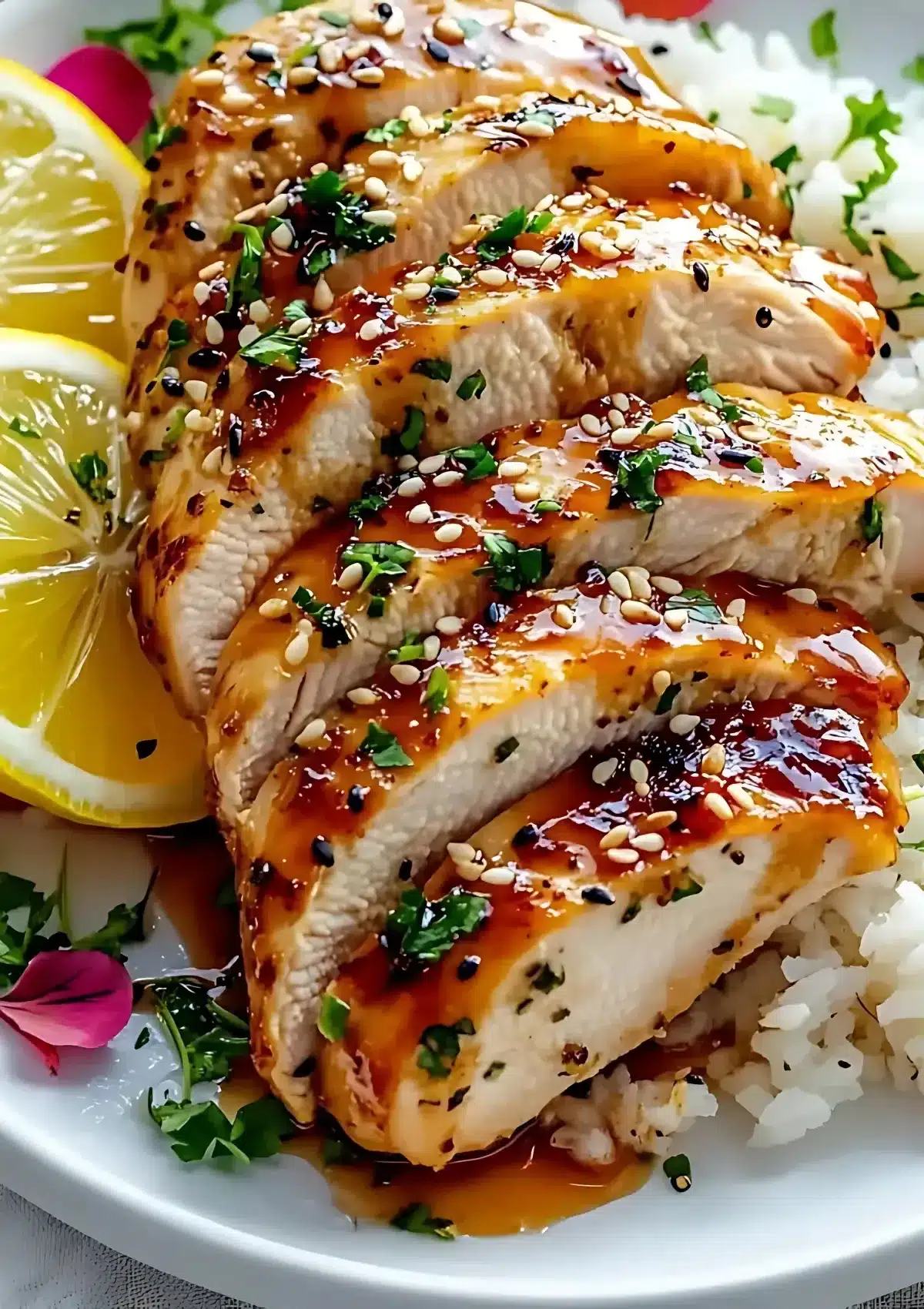 Vertical view of sliced honey garlic chicken breast topped with sesame seeds and parsley, served with rice and lemon slices, styled for food photography.
