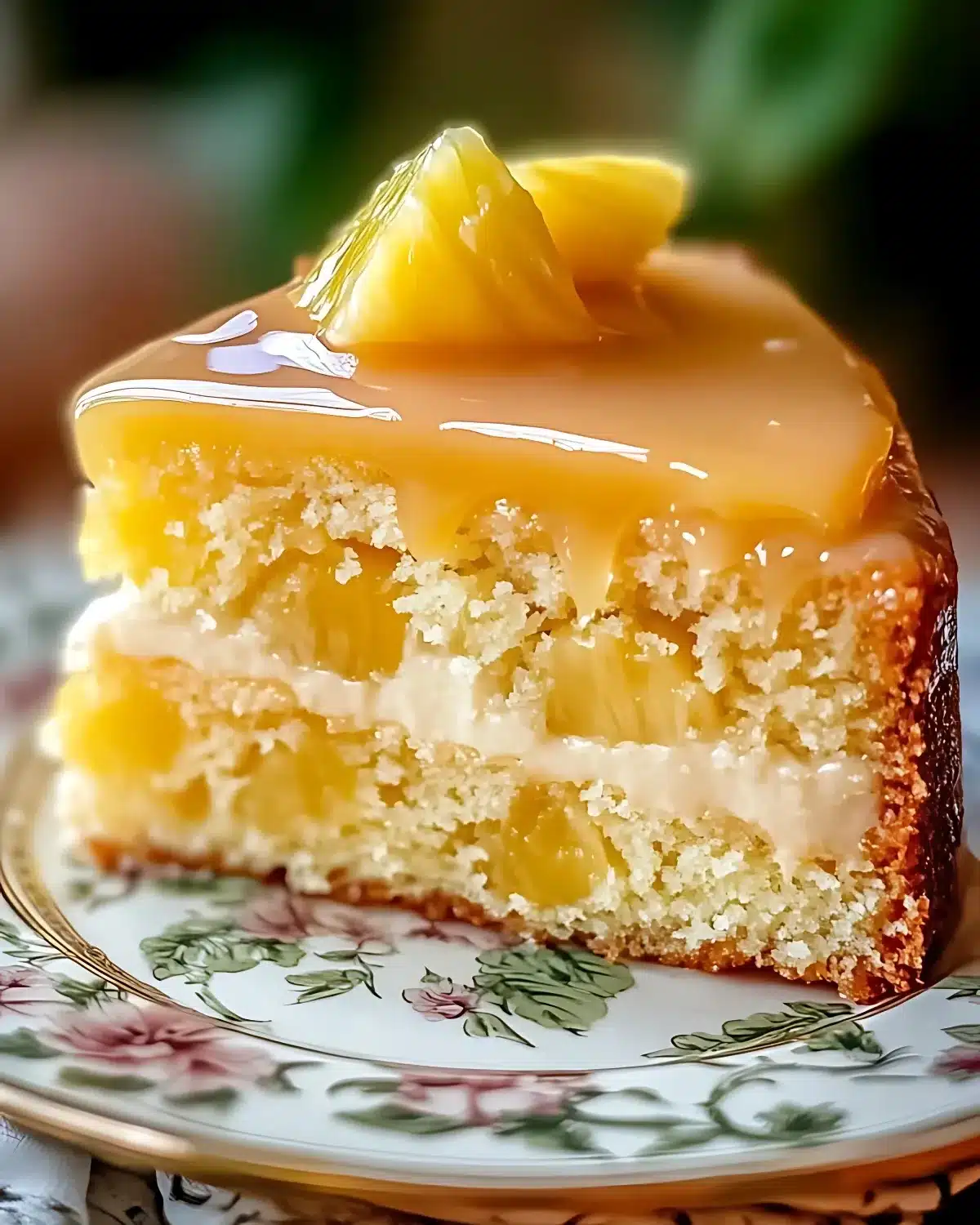 Moist pineapple cake slice with glaze on floral plate